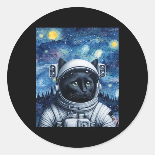 星空の夜宇宙猫宇宙飛行士アート ラウンドシール (正面)