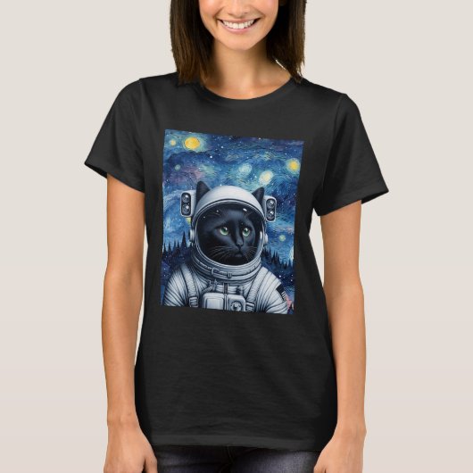 星空の夜宇宙猫宇宙飛行士アート Tシャツ (正面)