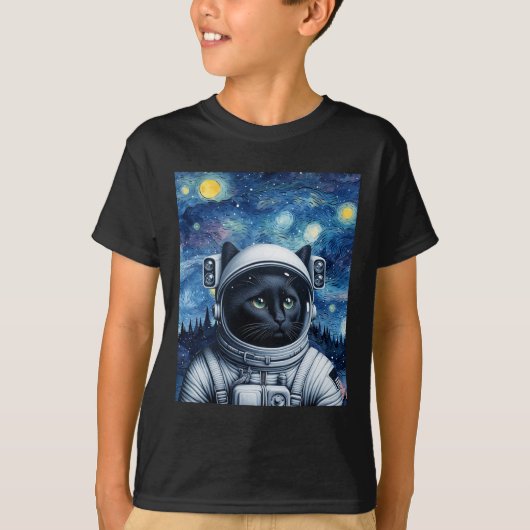 星空の夜宇宙猫宇宙飛行士アート Tシャツ (正面)