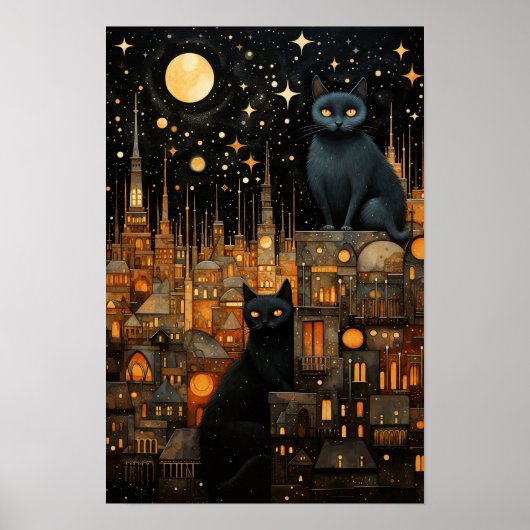 星空の夜猫たち – コズミックシティルーフトップアート ポスター (正面)