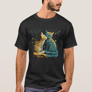 星空の夜猫ファンゴッホ猫おもしろいカップル猫ロー Tシャツ