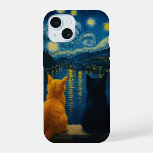 星空の夜猫iPhoneケース覗き黒子猫 iPhone 15ケース (裏面)