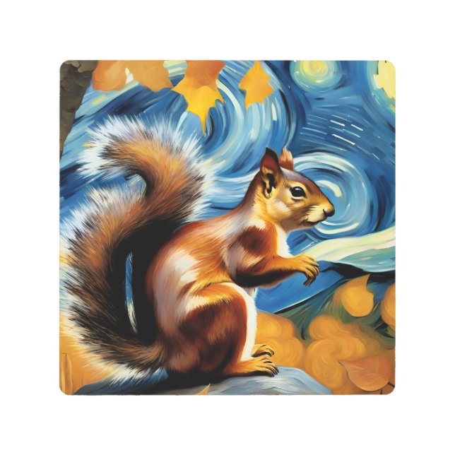 星空の夜葉書に描かれた愛らしいリス メタルプリント (正面)