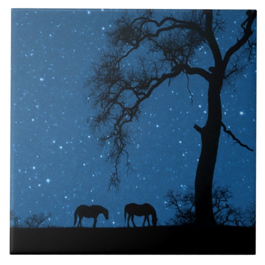 星空の夜馬とオークツリーアート タイル (正面)