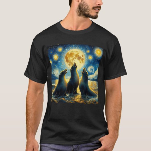 星空の夜3つのアザラシが月のヴァンで泣くゴッホ Tシャツ (正面)