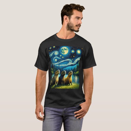 星空の夜3つのキャピバラが月で遠吠え Tシャツ (正面フル)