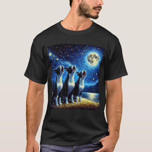 星空の夜3つのボストンテリアが吠える Tシャツ (正面)