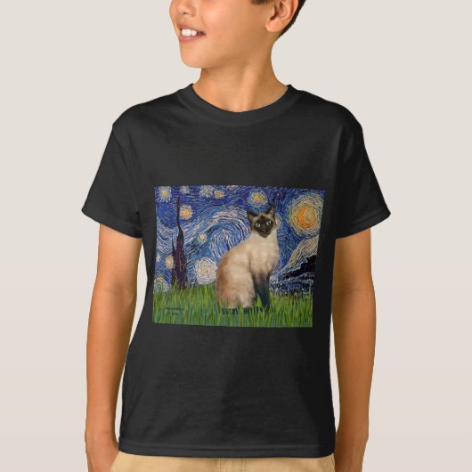 星空の夜 – シールポイントシャム猫 Tシャツ (正面)