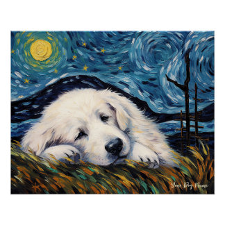 星空の夜 – 素晴らし Pyrenees Puppy Dog 003 - ポスター