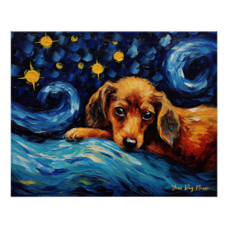 星空の夜 – Dachshund Dog 001 - Qian wan Go ポスター