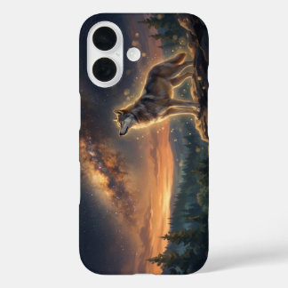 星空の天の川の下の孤独なオオカミ iPhone 16ケース