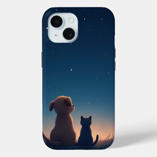 星空の子犬と子猫 iPhone 15 カバー (裏面)
