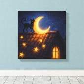 星空の屋根の上の月夜の猫 キャンバスプリント (インサイチュ (ウッドフロア))