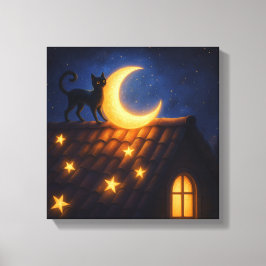 星空の屋根の上の月夜の猫 キャンバスプリント