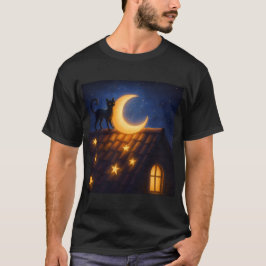 星空の屋根の上の月夜の猫 Tシャツ