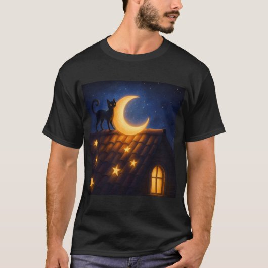 星空の屋根の上の月夜の猫 Tシャツ (正面)