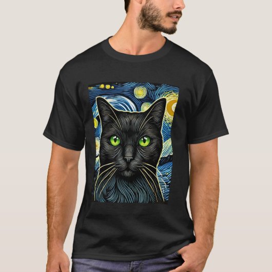 星空の幻想的な猫アート Tシャツ (正面)