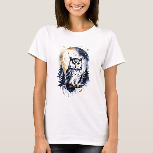 星空の森のフクロウ Tシャツ (正面)