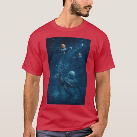 星空の水面を渡る惑星を背負うカメ b tシャツ (正面)