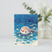 星空の池で泳ぐかわいい赤ちゃんカワウソ ポストカード (スタンド正面)