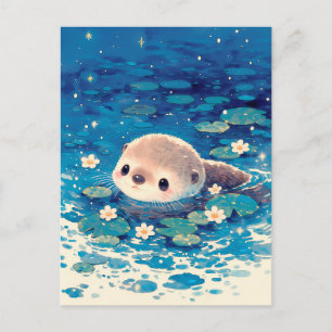 星空の池で泳ぐかわいい赤ちゃんカワウソ ポストカード
