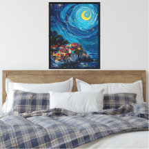 星空の海岸の村 印象派アート