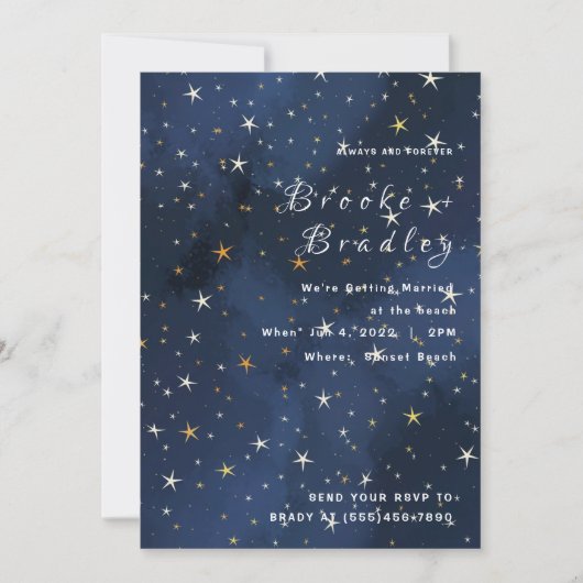 星空の深い青の夜の結婚式 招待状 (正面)
