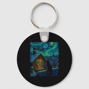 星空の猫がサンタを監視するヴァンゴッホスタイルのクリスマス キーホルダー