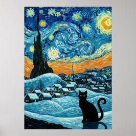 星空の猫 ヴァンゴッホ 星空にインスパイアされた ポスター