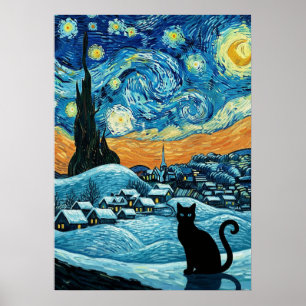 星空の猫 ヴァンゴッホ 星空にインスパイアされた ポスター