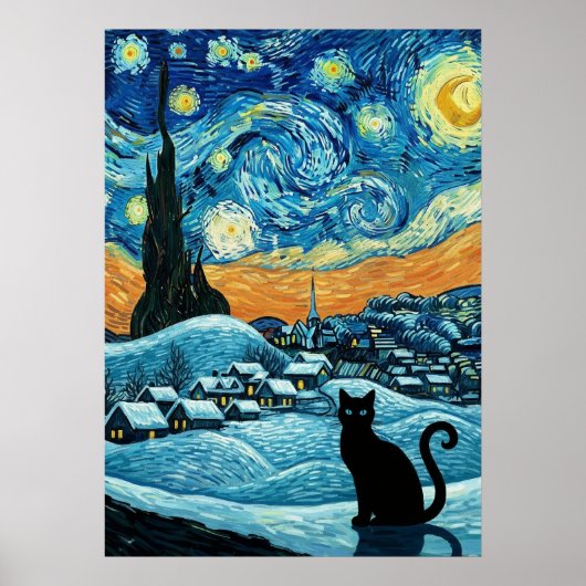 星空の猫 ヴァンゴッホ 星空にインスパイアされた ポスター (正面)