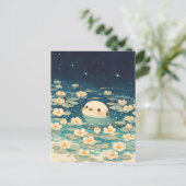 星空の睡蓮の池に佇むかわいいカワウソ ポストカード (スタンド正面)