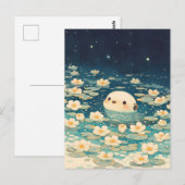 星空の睡蓮の池に佇むかわいいカワウソ ポストカード (正面/裏面)