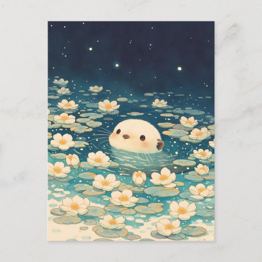 星空の睡蓮の池に佇むかわいいカワウソ ポストカード (正面)