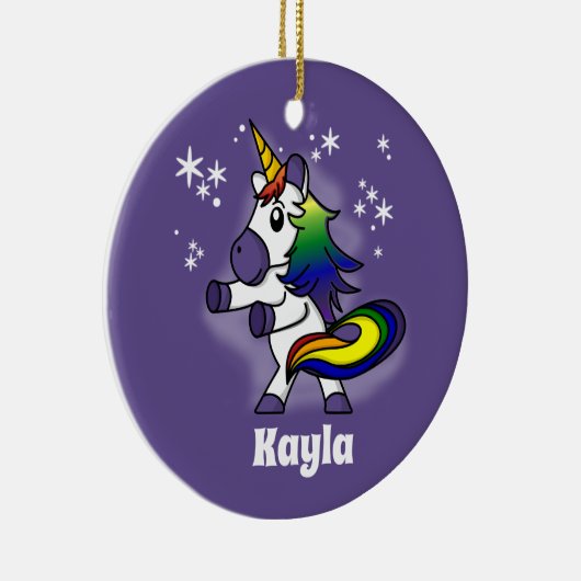 星空の背景で虹のユニコーンを浮かべる セラミックオーナメント (右)