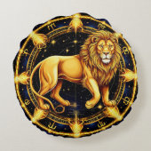 星空の背景の上のライオンの〔占星術の〕十二宮図のシンボル ラウンドクッション (裏面)