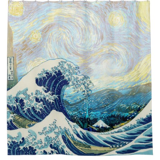 星空の背景の神奈川沖浪裏 シャワーカーテン (正面)