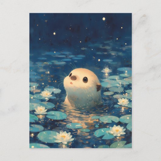 星空の蓮池のかわいいカワウソ ポストカード (正面)