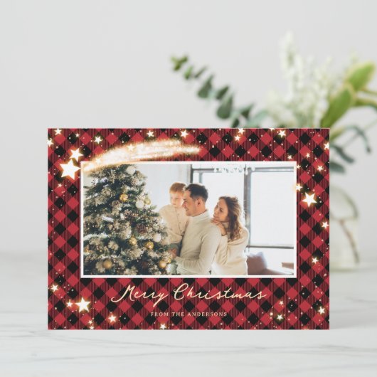 星空の赤いバッファロープレイドフォトクリスマスカード シーズンカード (スタンド正面)