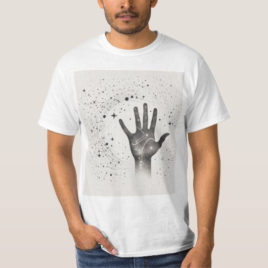 星空の銀河の中の宇宙の手 - 超現実的なスピリチュアルなS Tシャツ (正面)