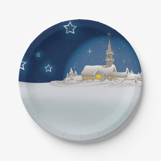 星空の雪のクリスマスの教会 ペーパープレート (正面)
