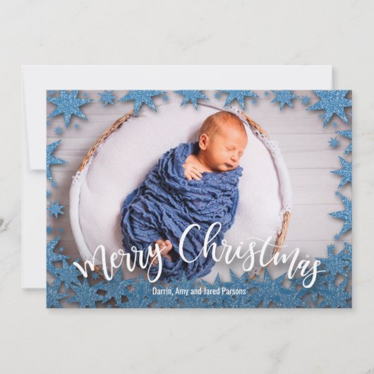 星空の青いフェイクグリッタークリスマス写真 シーズンカード (正面)
