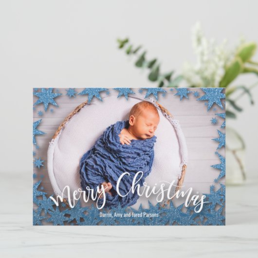 星空の青いフェイクグリッタークリスマス写真 シーズンカード (スタンド正面)