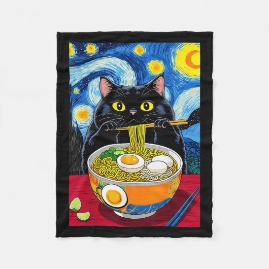 星空の黒いデブ猫ラーメン ふざけた黒い太った猫 フリースブランケット (正面)