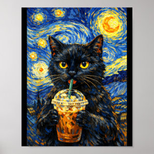 星空の黒猫コーヒー ゴッホ風 ねこ ネコ おもしろグッズ ポスター