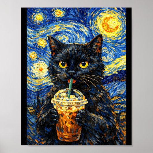 星空の黒猫コーヒー　ゴッホ風 ねこ ネコ おもしろグッズ ポスター (正面)