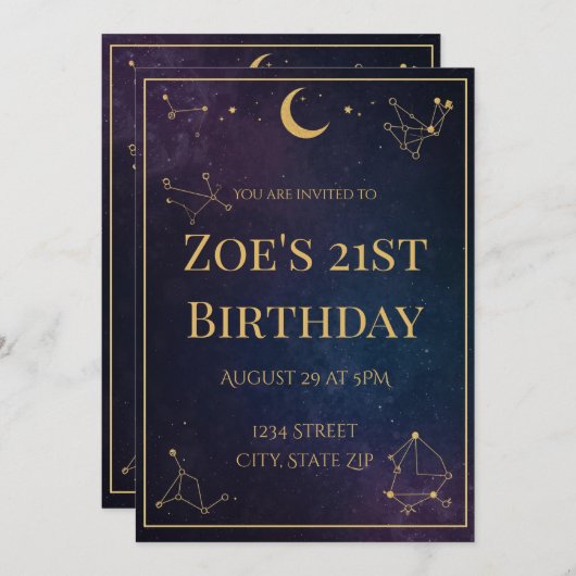 星空の21歳誕生日招待状 | ゴールドスター 招待状 (正面/裏面)