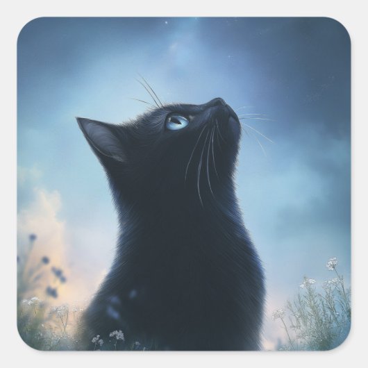 星空を眺める黒猫 スクエアシール (正面)