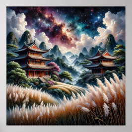 星空を背景にしたアジアの風光明媚な寺院 ポスター