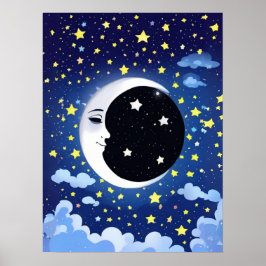 星空を背景にした月の中の男  ポスター